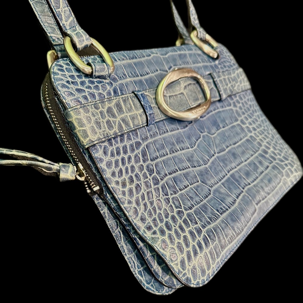 Tosca Blu Italy Blue Crocodile Embossed Leather Triple Compartment Shoulder Bag - Picture 2 of 11